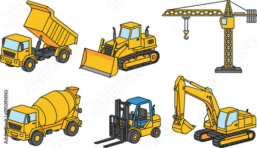 Yellow construction vehicles set including dump truck bulldozer tower crane concrete mixer forklift and hydraulic excavator isolated on white background for industrial building design illustration