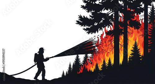 Illustration of a firefighter in silhouette spraying a high pressure water hose at a forest fire in a pine woods