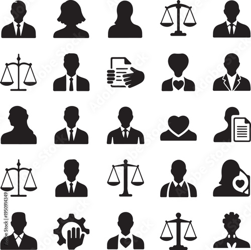 black and white icons of people and law symbols