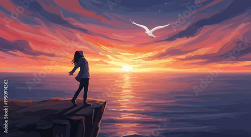 Vector illustration of woman standing on cliff edge at sunset
