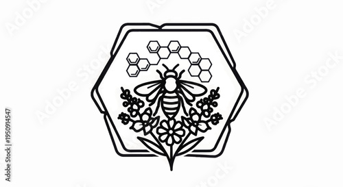Bee and Honeycomb Illustration in Hexagon.