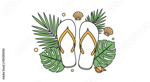 Vector illustration of flip flops with tropical leaves and seashells