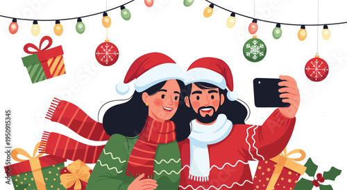 Happy couple taking Christmas selfie with smartphone under festive lights and gift boxes winter holiday celebration vector illustration
