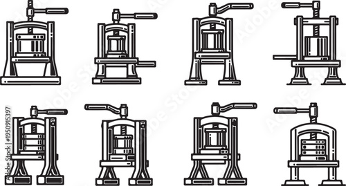 Various designs of old-fashioned cider presses with different structures and mechanisms Vector