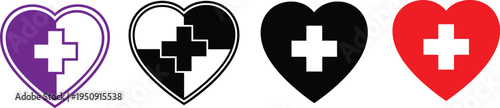 Four heart shaped medical symbols with crosses in purple white black and red