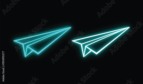 Neon lit paper airplanes in flight on a dark background