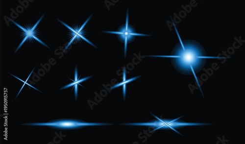 Collection of blue starburst effects on a black background