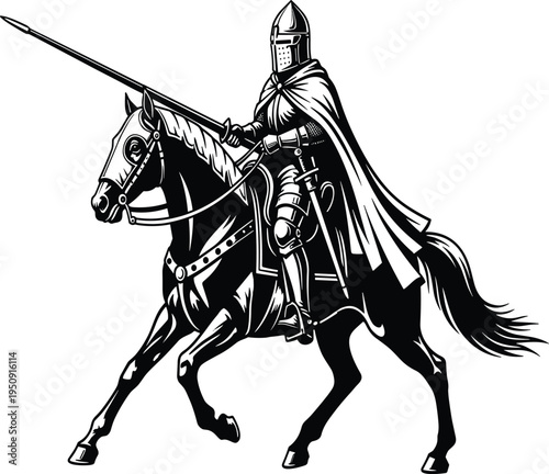 Medieval knight on horseback with spear and sword armor helmet 1