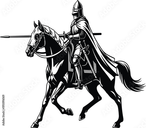 Medieval knight on horseback with spear and sword armor helmet