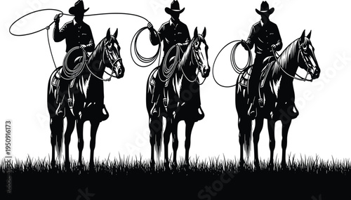 Three cowboys on horseback with lassos in black silhouette against white background horses
