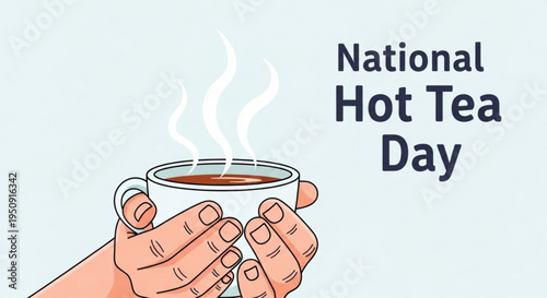 Hands holding steaming hot tea cup on national hot tea day with warm lighting