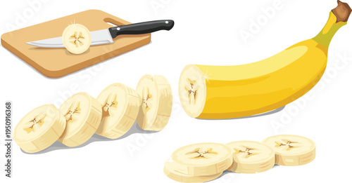 Banana fruit whole and sliced pieces with knife and cutting board, fresh tropical food vector illustration set