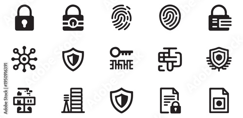 Data protection cyber security icons. encryption, fingerprint, private key, blockchain, secure server