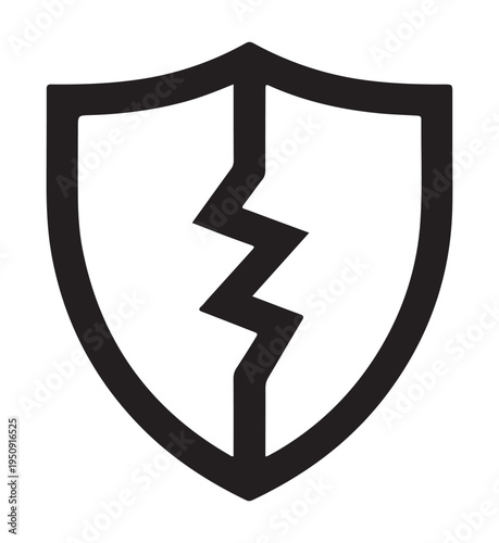 Cracked shield icon for digital security failure information leak and protective barrier disruption