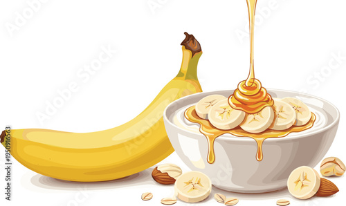 Banana oatmeal bowl with honey drizzle and almond toppings, healthy breakfast food vector illustration with fresh fruit