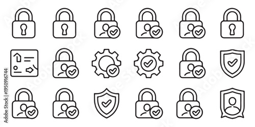 Security, privacy, and user access management line icons set for web design and mobile apps