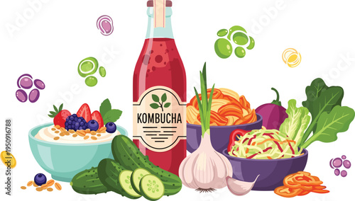 Healthy fermented kombucha drink with fresh vegetables fruits salad bowls garlic cucumber and berries natural probiotic food illustration