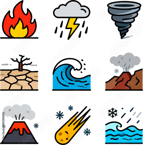 Natural Disaster & Extreme Weather Icons Set — 9 Cartoon Vector Symbols (Fire, Thunderstorm, Tornado, Drought, Tsunami Wave, Volcano Eruption, Meteor, Stormy Sea)