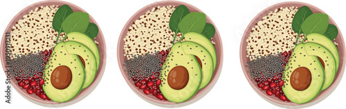 Healthy quinoa bowl with avocado chia seeds pomegranate spinach and superfoods nutritious vegan breakfast vector illustration