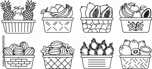 Assorted fruit baskets showcasing a variety of tropical and seasonal fruits Vector