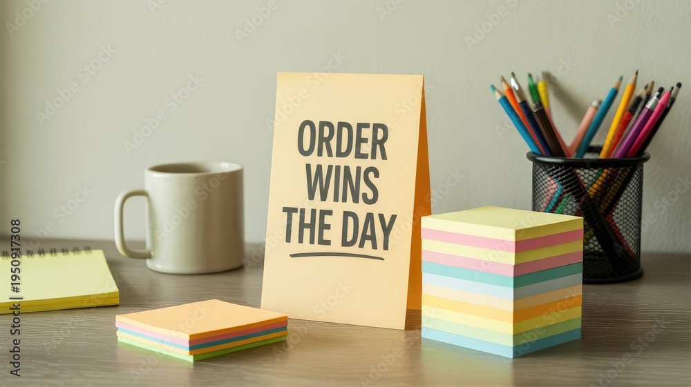 Fototapeta premium Motivational desk setup with ORDER WINS THE DAY card colorful notes and pencils