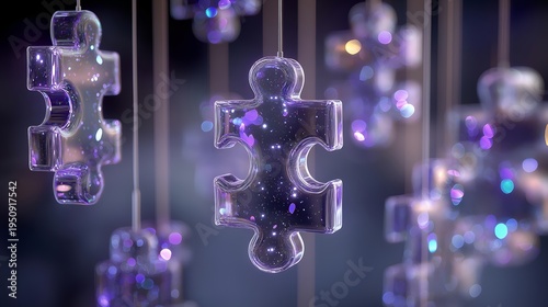 Beautiful holographic puzzle pieces suspended in air, creating a captivating visual. Perfect for creative and educational projects.