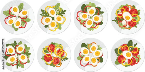 Healthy salad bowls with boiled eggs tomatoes bell peppers and leafy greens top view fresh diet food vector set