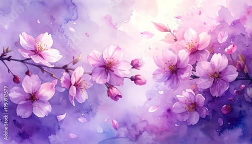 A beautiful spring blossom macro shows pink flowers in water with a violet petal and lilac flora for a purple nature garden background