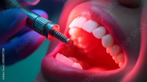 Close-up of a dental procedure with bright lighting, highlighting dental tools and a patient's open mouth for dental care.