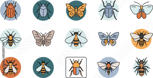 Flat Insect Icon Set Featuring Beetle, Butterfly, Bee, Fly and Bug Symbols in Minimal Style for Nature, Biology, Ecology, App, and Educational Vector Design