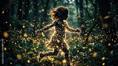 Girl running in forest with magical glowing fireflies at night