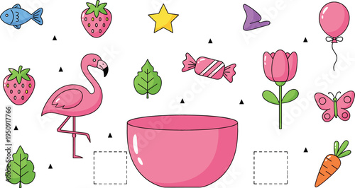 Cute Kids Puzzle Game Elements with Flamingo, Strawberry, Tulip, Candy, Fish and Balloon for Educational Matching Activity Vector Illustration