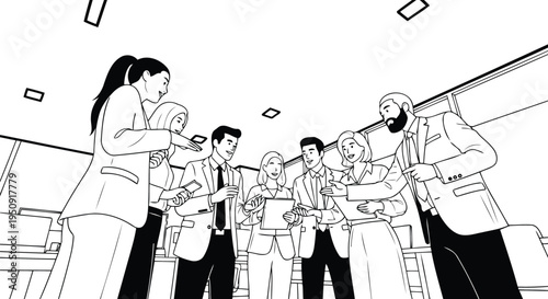 Business team office meeting line art vector illustration