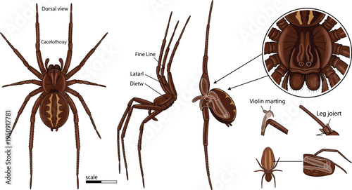 Brown Spider Anatomy Illustration with Dorsal View, Lateral Details and Scientific Arachnid Structure Diagram Vector Design