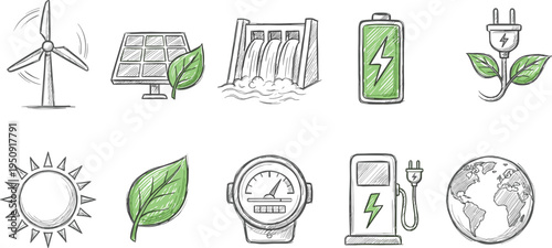 Renewable energy doodle icons set solar wind water battery eco power green energy vector illustration sustainability concept