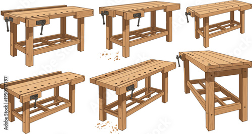 Carpenter Wooden Workbench Furniture Collection with Clamps, Tool Holes and Rustic Workshop Tables for Woodworking and Carpentry Vector Illustration Set