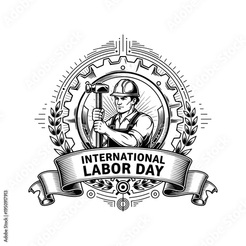 A resilient vintage illustration celebrating International Labor Day with a strong worker holding a hammer in a classic retro badge design