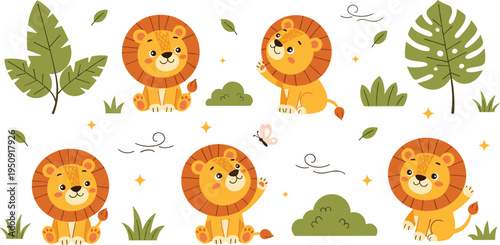 Cute Lion Cartoon Character Set with Jungle Leaves, Grass and Nature Elements for Kids Wildlife Nursery Animal Vector Illustration