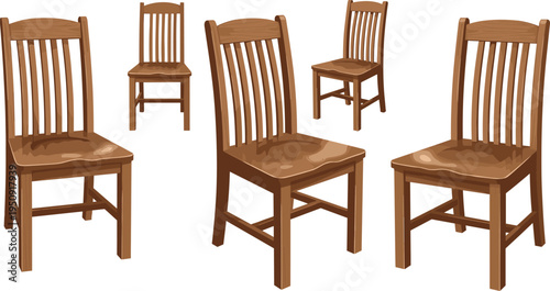 Classic Wooden Dining Chair Furniture Collection with Traditional Slatted Back Design, Rustic Home Seating and Carpenter Woodwork Vector Illustration Set