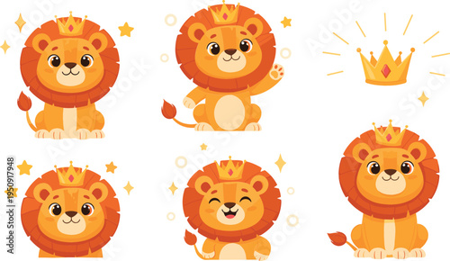 Cute Lion King Cartoon Character Set with Crown and Royal Expressions for Kids Nursery Animal Illustration in Adorable Kawaii Vector Style