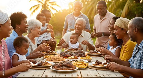 A large multi-generational family sits at a long wooden table outdoors enjoying a feast of roasted chicken and traditional sides during sunset