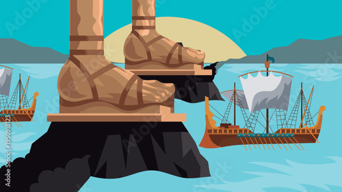 colossus of rhodes over sea passage with triremes