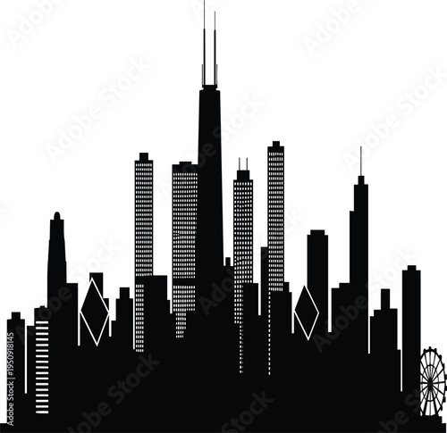 Chicago skyline silhouette featuring Willis Tower and modern skyscrapers with Ferris wheel, iconic downtown cityscape vector illustration isolated on white background
