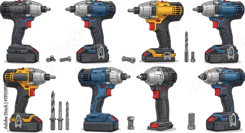 Cordless power drill collection with different angles and drill bits, construction tool vector illustration set isolated background