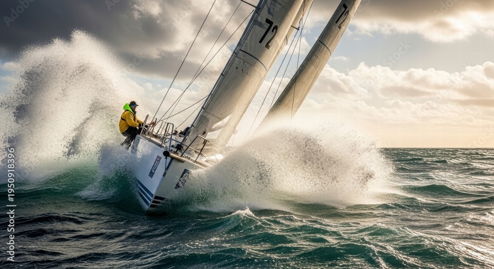 Obraz premium Navigating the Tempest: A lone sailor fearlessly steers a sailboat through towering waves in the tempestuous ocean, showcasing courage and resilience.