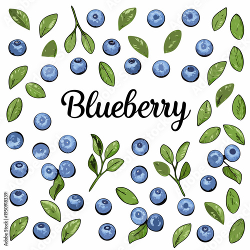 Watercolor blueberries and leaves arranged in a decorative pattern
