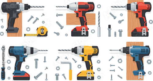 Cordless power drill tool collection with screws bolts and accessories, construction equipment vector illustration set