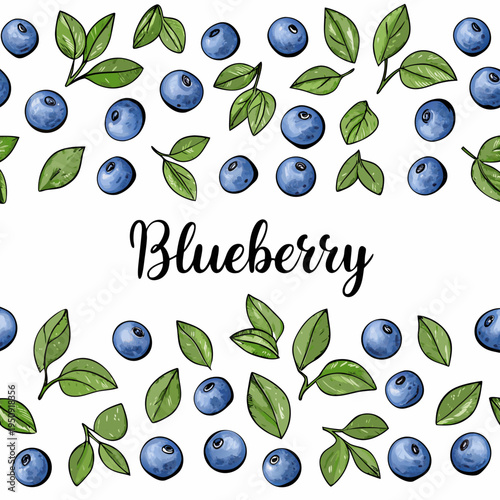 Watercolor blueberry pattern with leaves and hand lettered text
