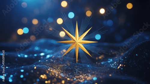 Radiant golden star illuminating a magical dark wavy surface with festive blue and orange 