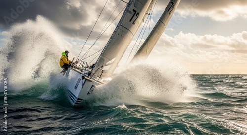Navigating the Tempest: A lone sailor fearlessly steers a sailboat through towering waves in the tempestuous ocean, showcasing courage and resilience.